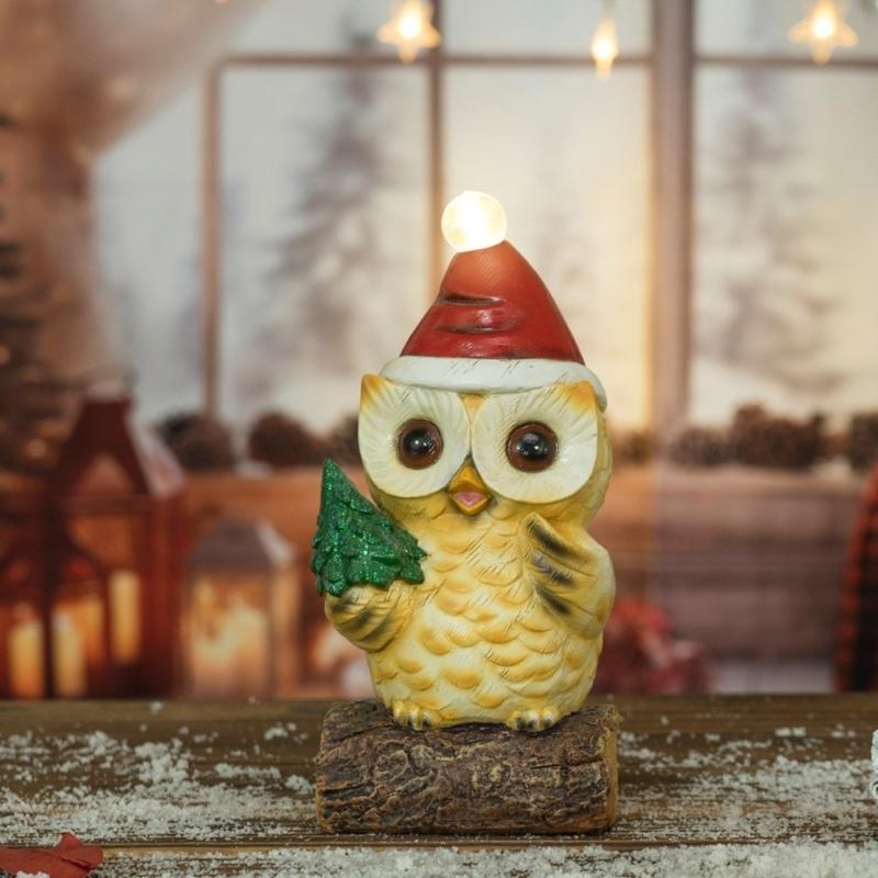 Owl Statue with LED Lighted Santa Hat for Festival Home Accent Resins Miniature Figurine Christmas Decorative Ornament