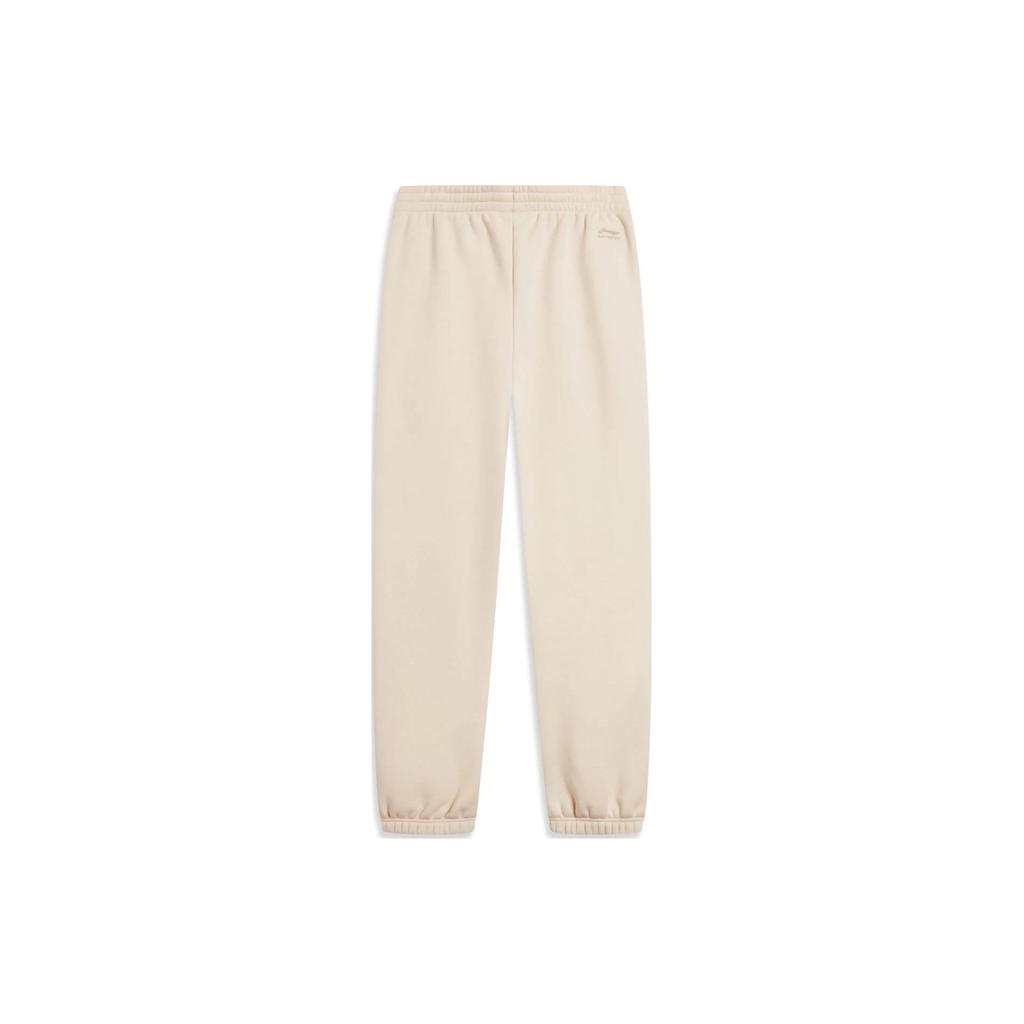 Li Ning Sports Lifestyle Series Solid Color Mid Waist Cuffed Fleece Knit Sweatpants Women Bottoms Fog-Khaki AKLT908-5