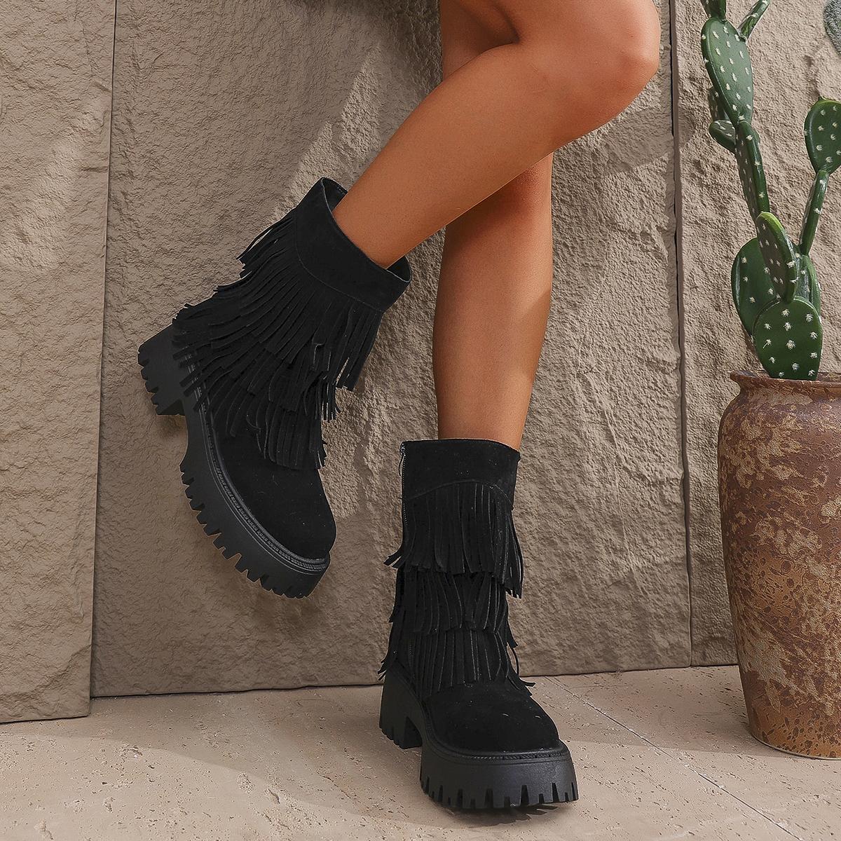 

Women Boots 2024 New Winter Warm Western Cowboy Boots Women Tassel Solid Color Versatile Round Toe Low Heel Shoes for Women 35 чёрный