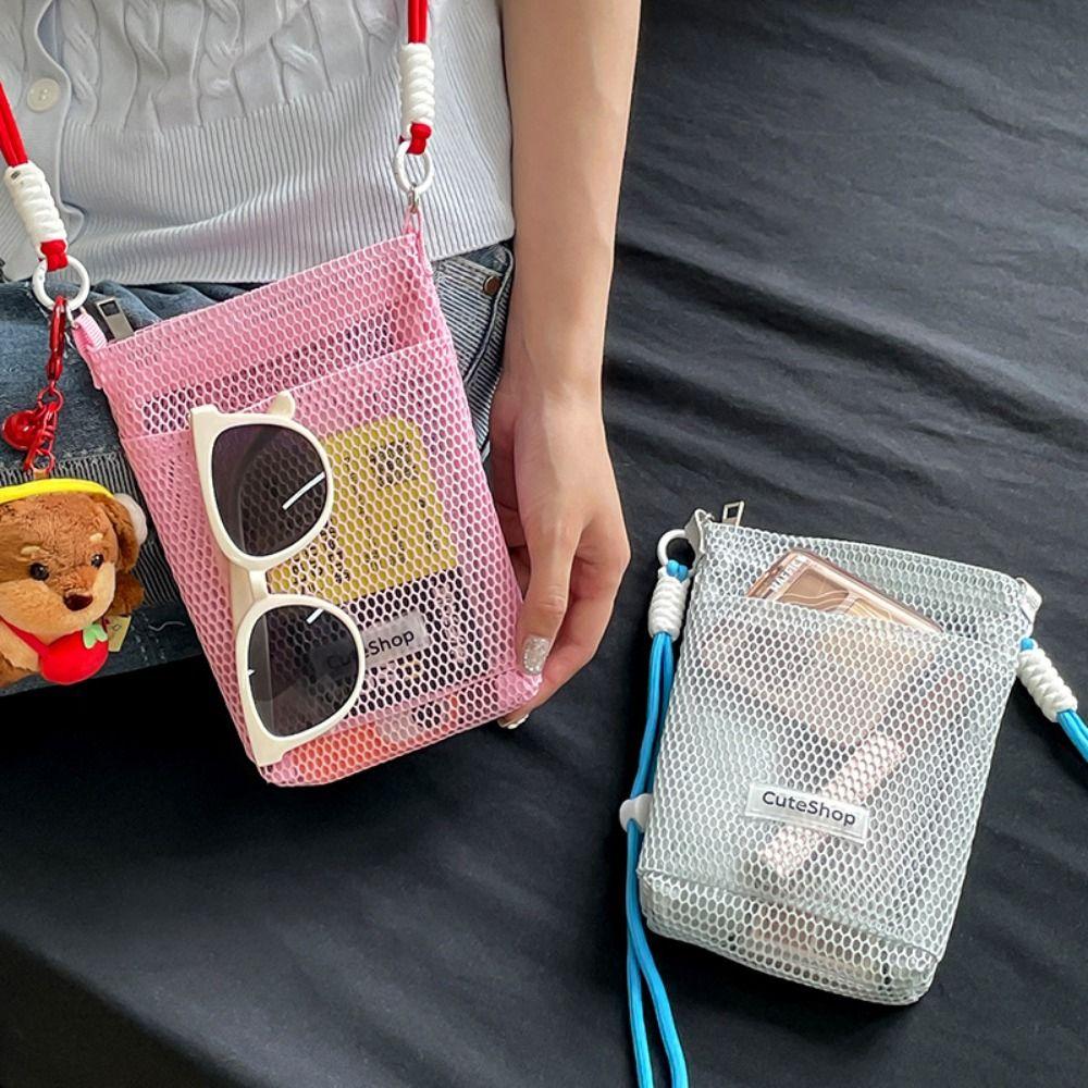 Hollowed-out Korean Style Shoulder Bag Sweet Mobile Phone Bag Fashionable Nylon Mesh Bag  Girls