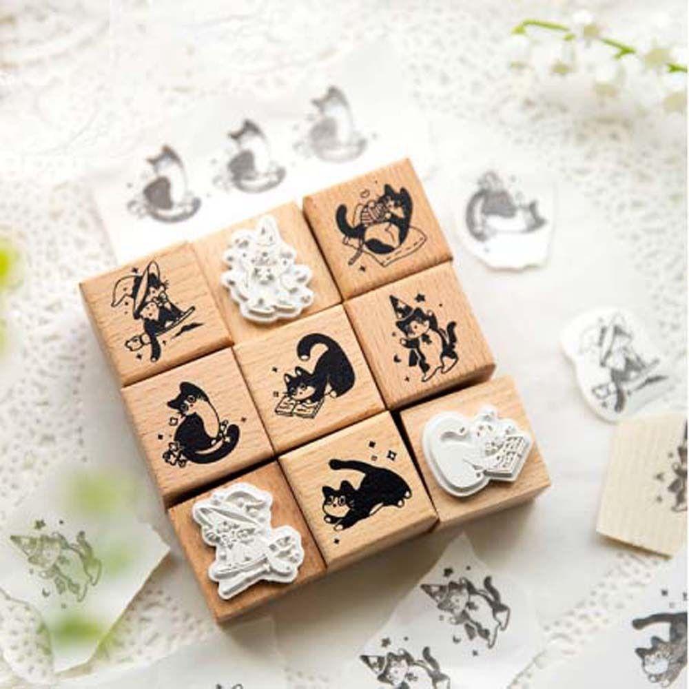 Cute Pet Black Cat Stamps Diy Craft Cat Seal Stamping DIY Toys Wooden Rubber Stamps  Card Making