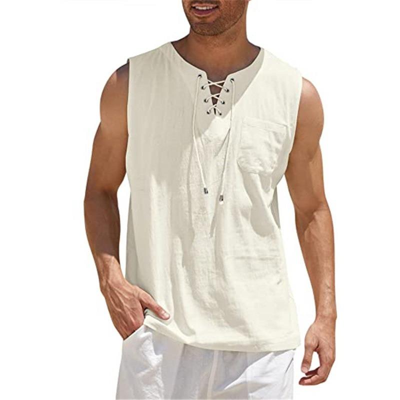 Men's Casual Pirate Vest Tank Top with Lace-up Front and Pocket