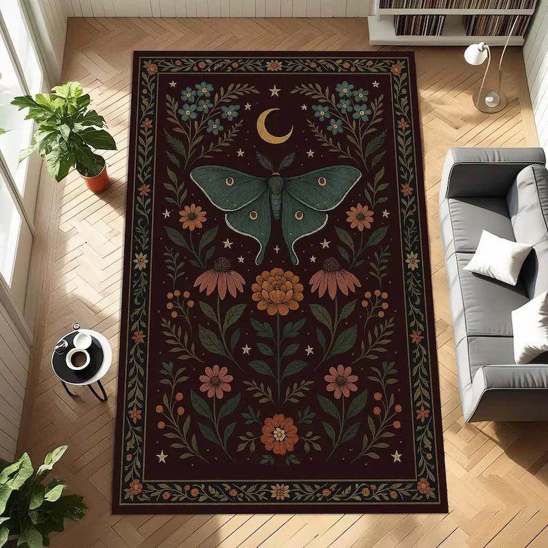Gothic Luna Moth Rug Mystic Butterfly Moonlit Floral Decor Living Room Floral Home Decor Dark Cottagecore Gothic Floral Decor