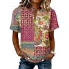 Women’s Vintage Patchwork Print Henley Button Neck Short Sleeve Cotton Linen Shirt Casual Loose Fit Top for Summer Daily Wear