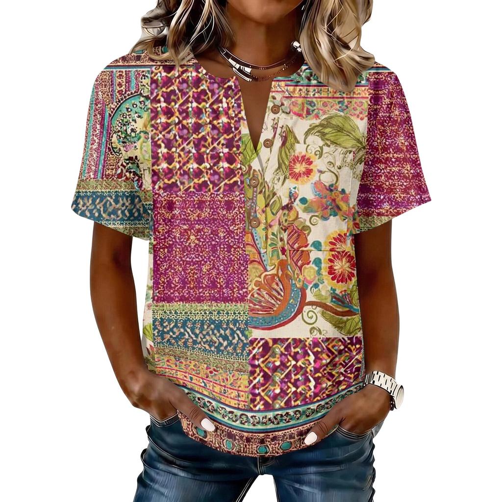 Women’s Vintage Patchwork Print Henley Button Neck Short Sleeve Cotton Linen Shirt Casual Loose Fit Top for Summer Daily Wear