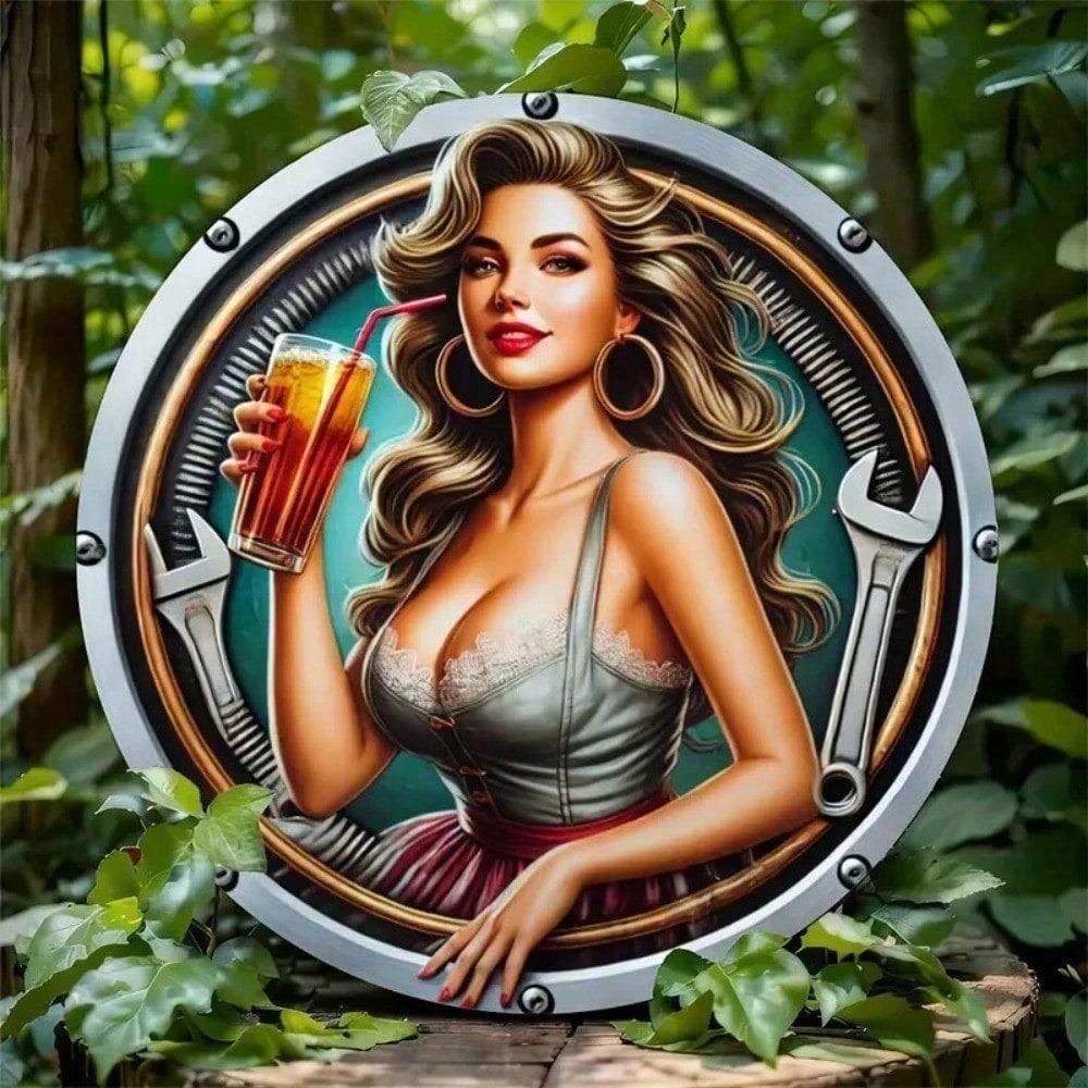 Retro Pinup Girl Metal Wall Sign Vintage Round Aluminum Plaque for Garage Man Cave Bar Home Decor Weatherproof