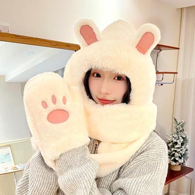 Women's Cute Plush Lei Feng Hat, Scarf & Gloves Set with Rabbit Ears - Autumn/Winter Three-Piece Bear-Themed Neck Warmer.