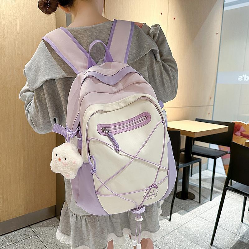 College style small fresh contrasting color student schoolbag new large capacity drawstring junior high school backpack фиолетовый