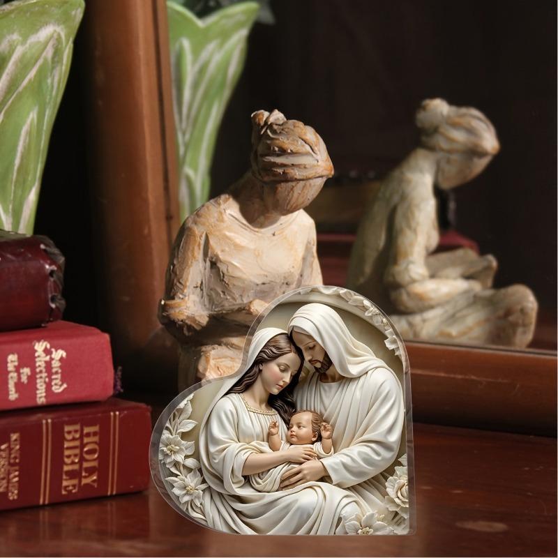 1pc, Heart-shaped Acrylic (4" X 4"), Jesus Birth Decoration for Table Decoration, Christmas Gift, Farewell Gift, Religious Gift