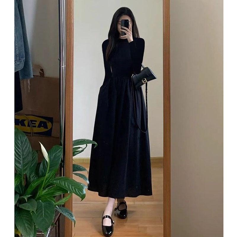 French Style Black A-Line Dresses Women Elegant High Waist Long Sleeve Midi Dress Autumn Winter Slim Fit Maxi Dress