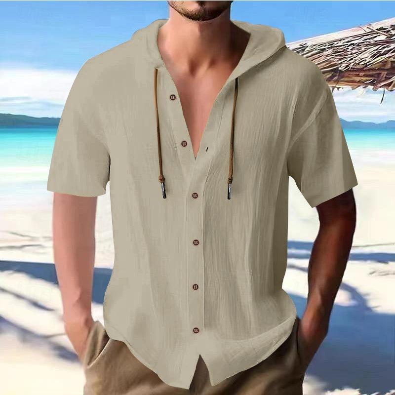 Men's Solid-color Casual Short-sleeved Shirt with A Hooded Drawstring Cotton Cardigan Is Trendy, Versatile and Loose