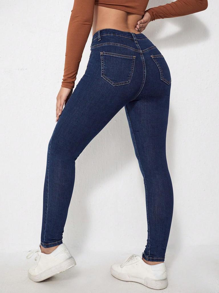 Women's Dark Blue Low Rise Skinny Jeans with High-Quality Finish