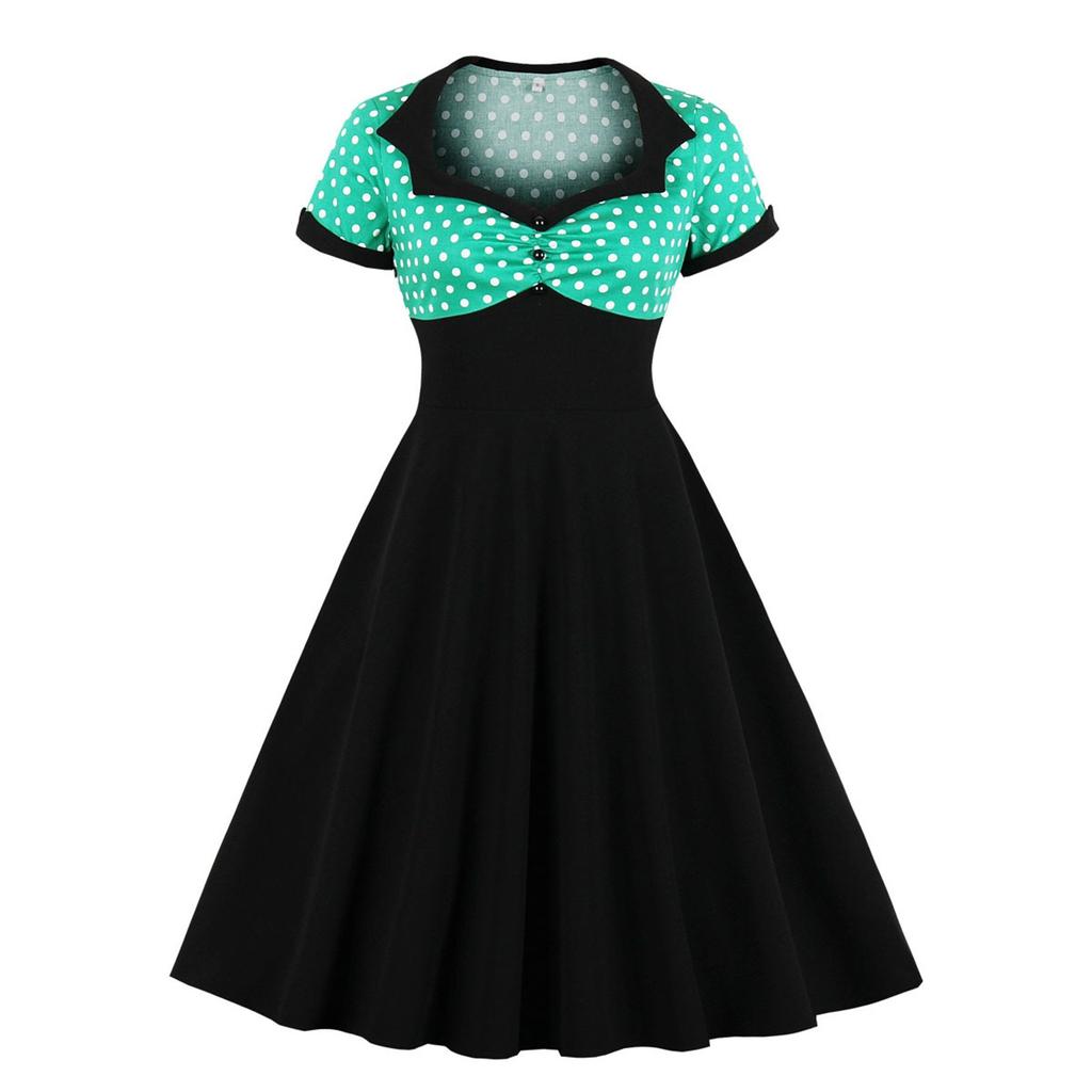 Women's Vintage Polka Dot Lapel  Short-sleeved Belt Dress