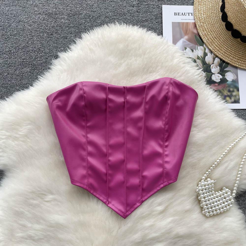 

Женские летние сексуальные имитация кожи с разрезом на шее, без бретелек, корсет с молнией сзади, топы на бретелях, Неравномерность, розово-красный бюстье без косточек XL розы красного