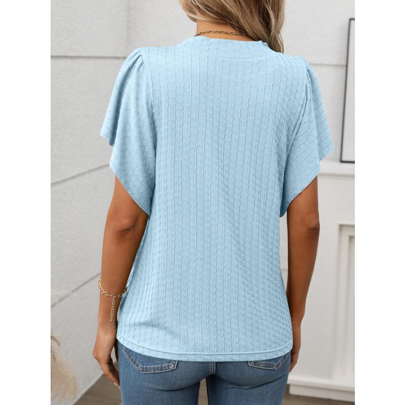 Summer Solid Color Round Neck Ruffle Sleeves Short Sleeved T-shirt Top