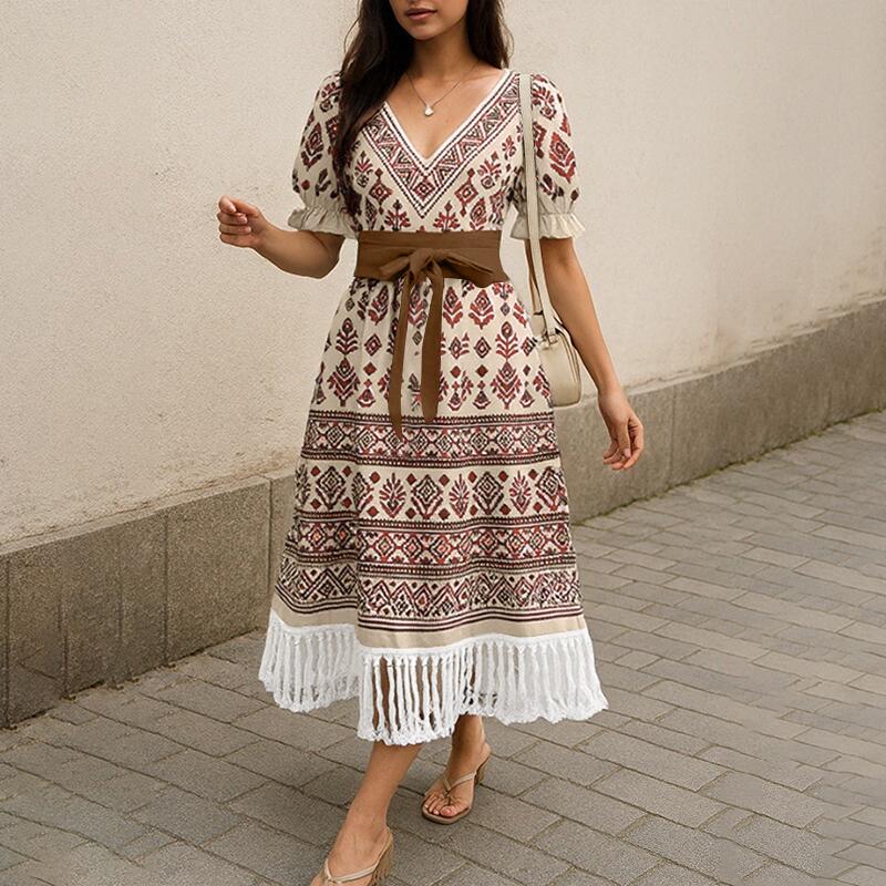 

ZANZEA Женское повседневное платье с V-образным вырезом, короткими рукавами и бахромой по подолу, летнее с принтом 4XL коричневый