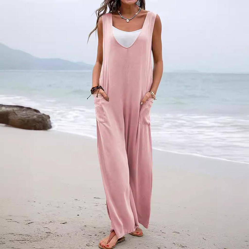 Spring/Summer 2025 Solid Color V-Neck Wide-Leg Jumpsuit with Patch Pockets