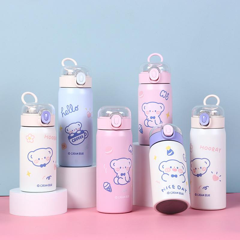 Cute Bear Insulated Water Bottle 304 Stainless Steel Double Wall Vacuum Flask Portable Leak-Proof Travel Mug For Students Kids