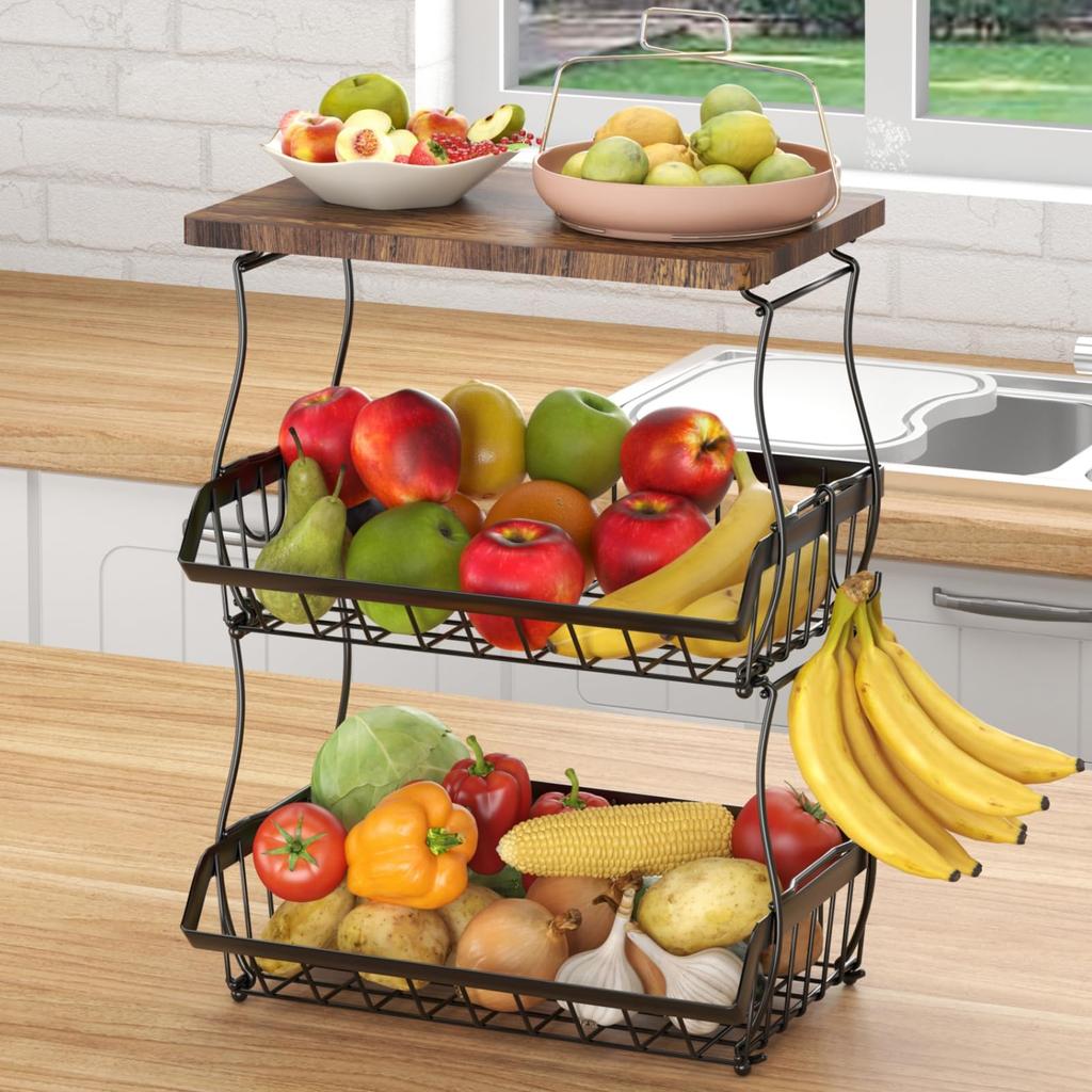 3 Tier Countertop Fruit Basket Bread Bowl with Wooden Top for Kitchen,Stackable Vegetable Onion Storage Wire Basket with Hangers