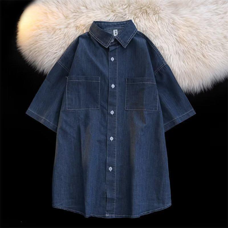 Summer short-sleeved denim shirt trendy solid color ruffian handsome Hong Kong style thin Japanese shirt casual jacket