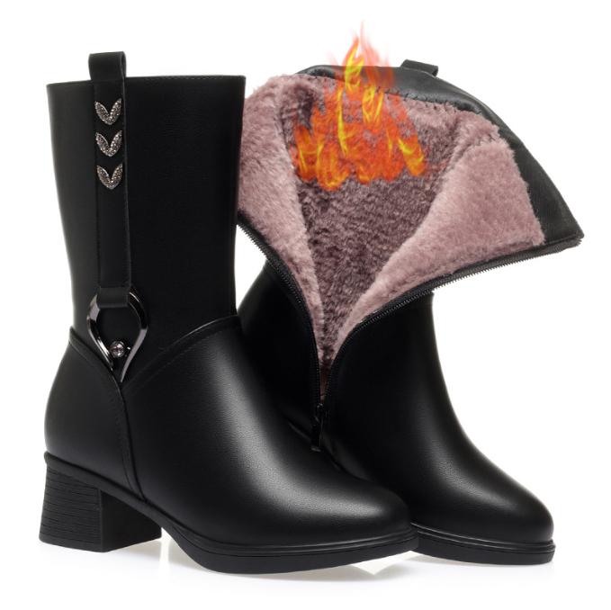 Women's Winter Long Boots Soft Leather Female Mid-Calf Boots Warm High-heeled Fur Shoes Women Trend Riding Boots Women