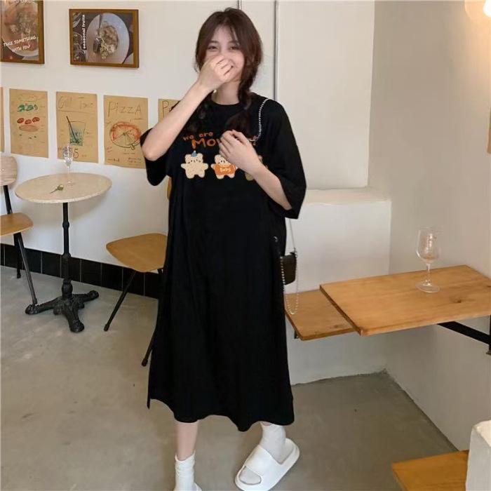 

This Korean-style Loose, Large-sized Design Short-sleeved, Mid-length, Slit T-shirt Skirt Can Be Worn Outside M чорний