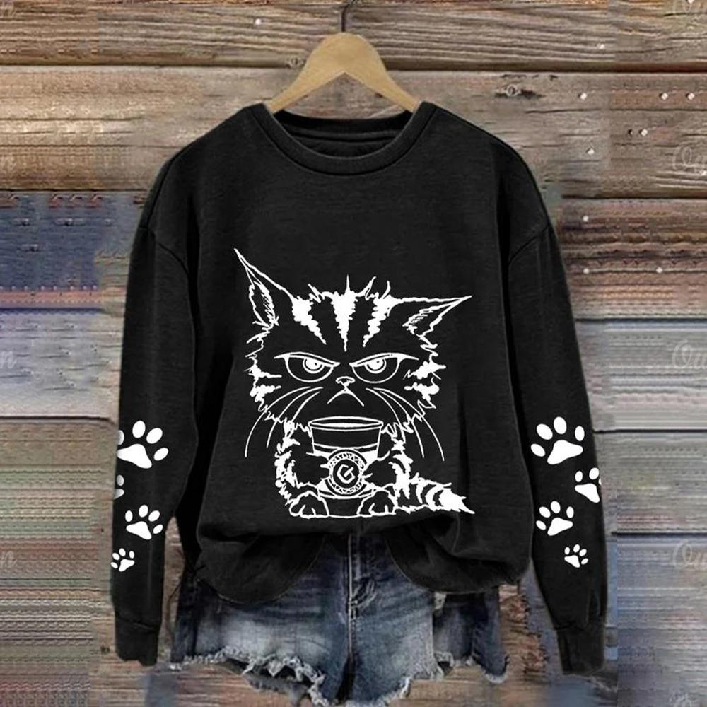 

Модные женские повседневные с длинным рукавом и круглым вырезом, симпатичные кошачьи топы, кошачий принт, свитера с животными, одежда для девочек Kawaii, топы 8XL