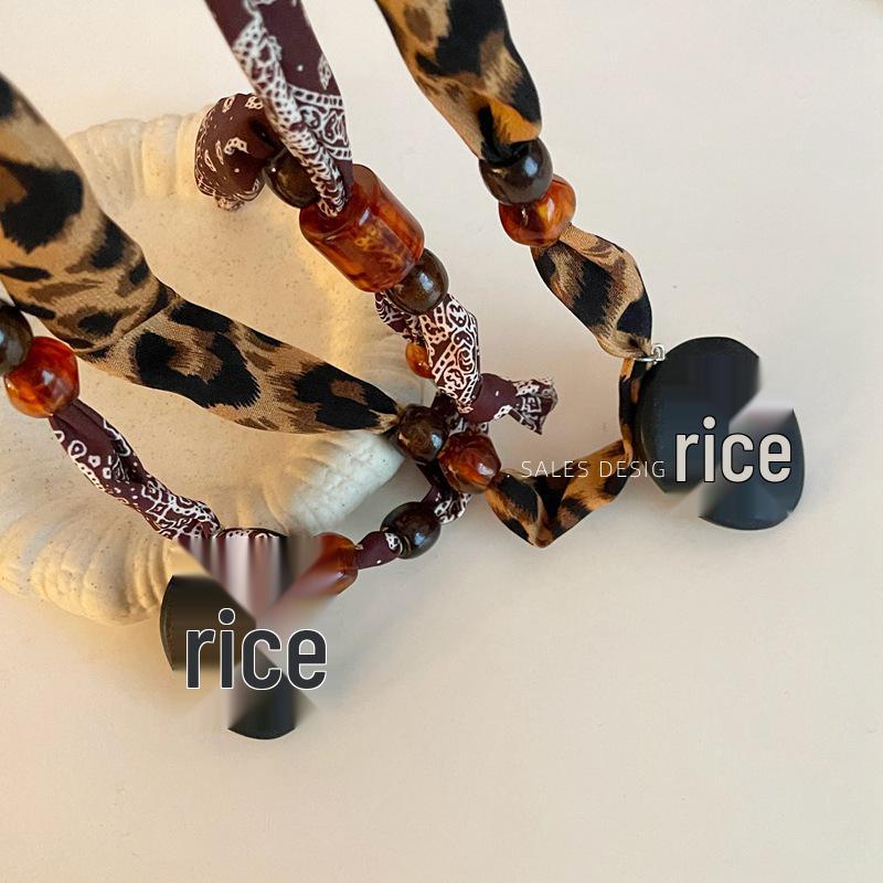 Retro Paisley Leopard Print Silk Scarf Necklace with Beaded Pendant - Women's Versatile Long Sweater Chain for Autumn & Winter.