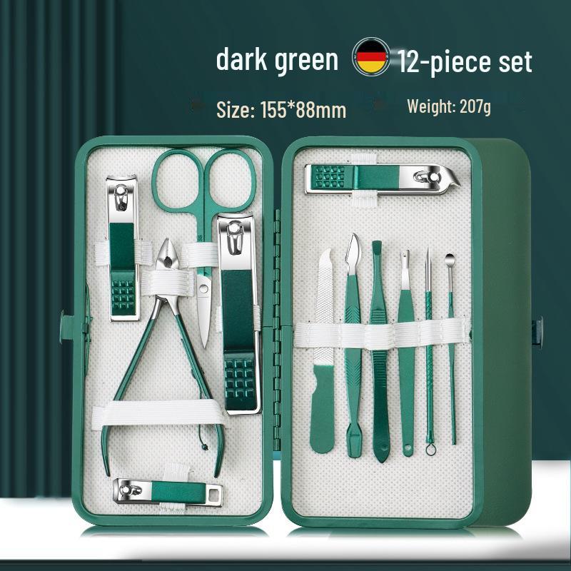26-Piece Dark Green Stainless Steel Manicure Set: Nail Clippers, Scissors, Dead Skin Clippers, and Tools.