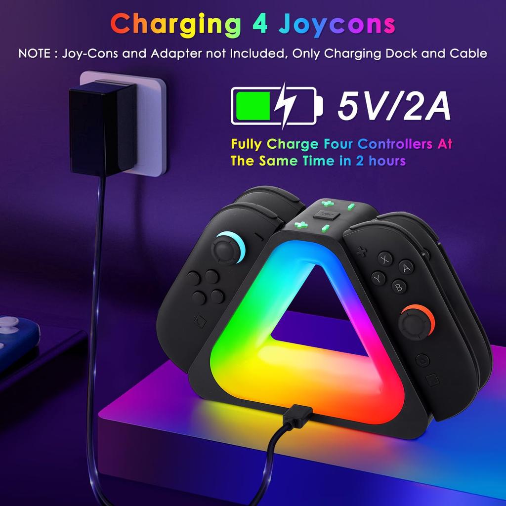 4-Port Charger Station with RGB Lighting Modes Fast Charging for Nintedos Switch2 Joycon with LED Indication USB Type-C Charger Cable