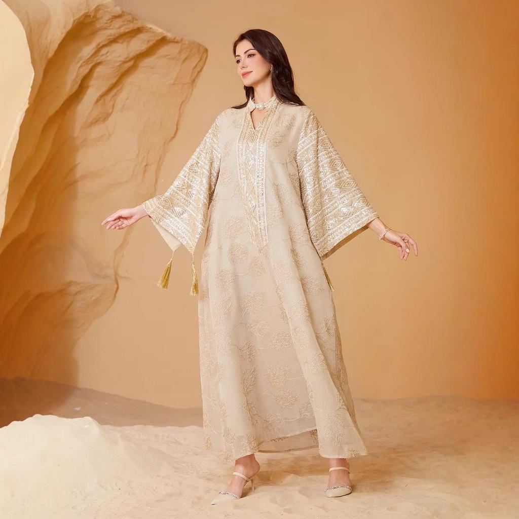 SW68 Muslim Embroidery Sequin Plus Size Women's Dubai Long Robe