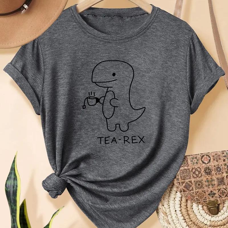 Women Summer T Shirt Retro Fashion Short Sleeve Tees Casual Dinosaur Printed  Tops
