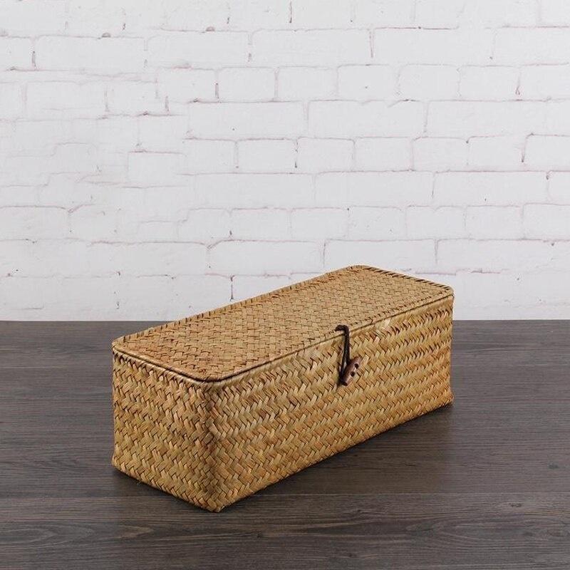 3 Grid Handmade Rattan Storage Box Straw Desktop Tea Set Storage Baskets with Cover Vintage Jewelry Storage Case for Decor
