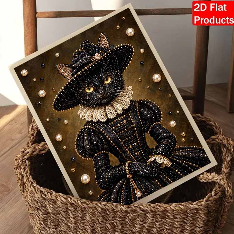 Handmade Framed Pearl Bead Painting Kit Elegant Black Cat Queen 3D Shiny Canvas Art Ready to Display Home Decor Gift Idea
