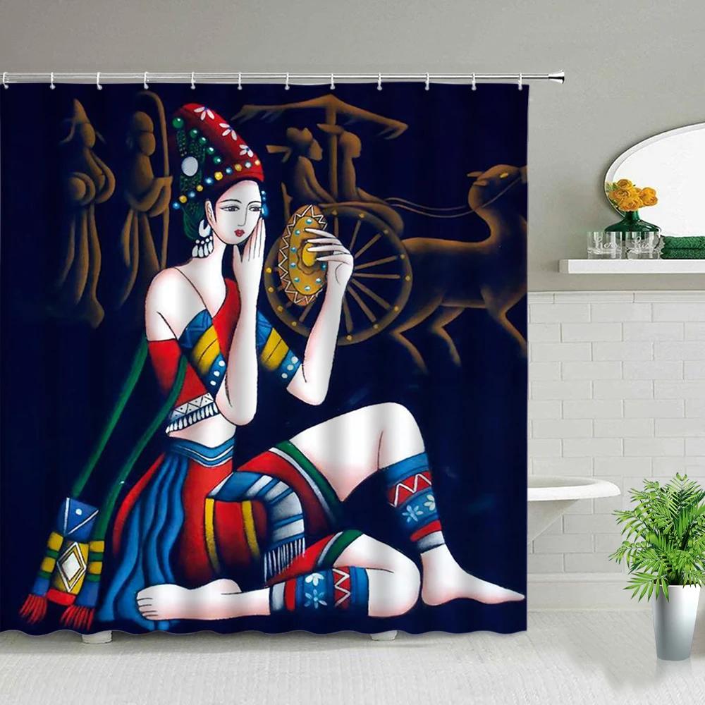 Retro Egypt Pyramid Pharaoh Painting Printed Shower Curtains Waterproof Bathroom Decor Cloth Curtain Set With Hook Bath Screens