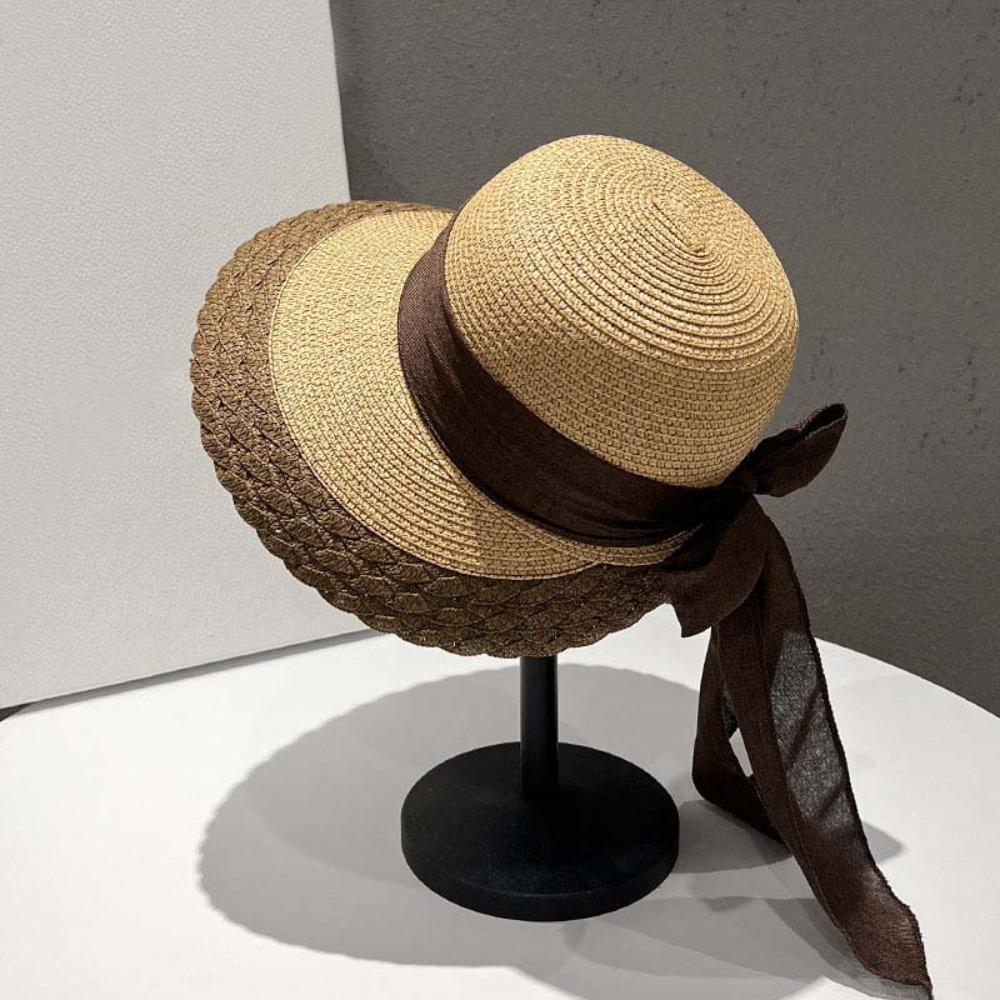 Hollow Out Big Brimmed Woven Cap Portable Bow Fisherman Cap Straw Weaving Beach Hat  Spring