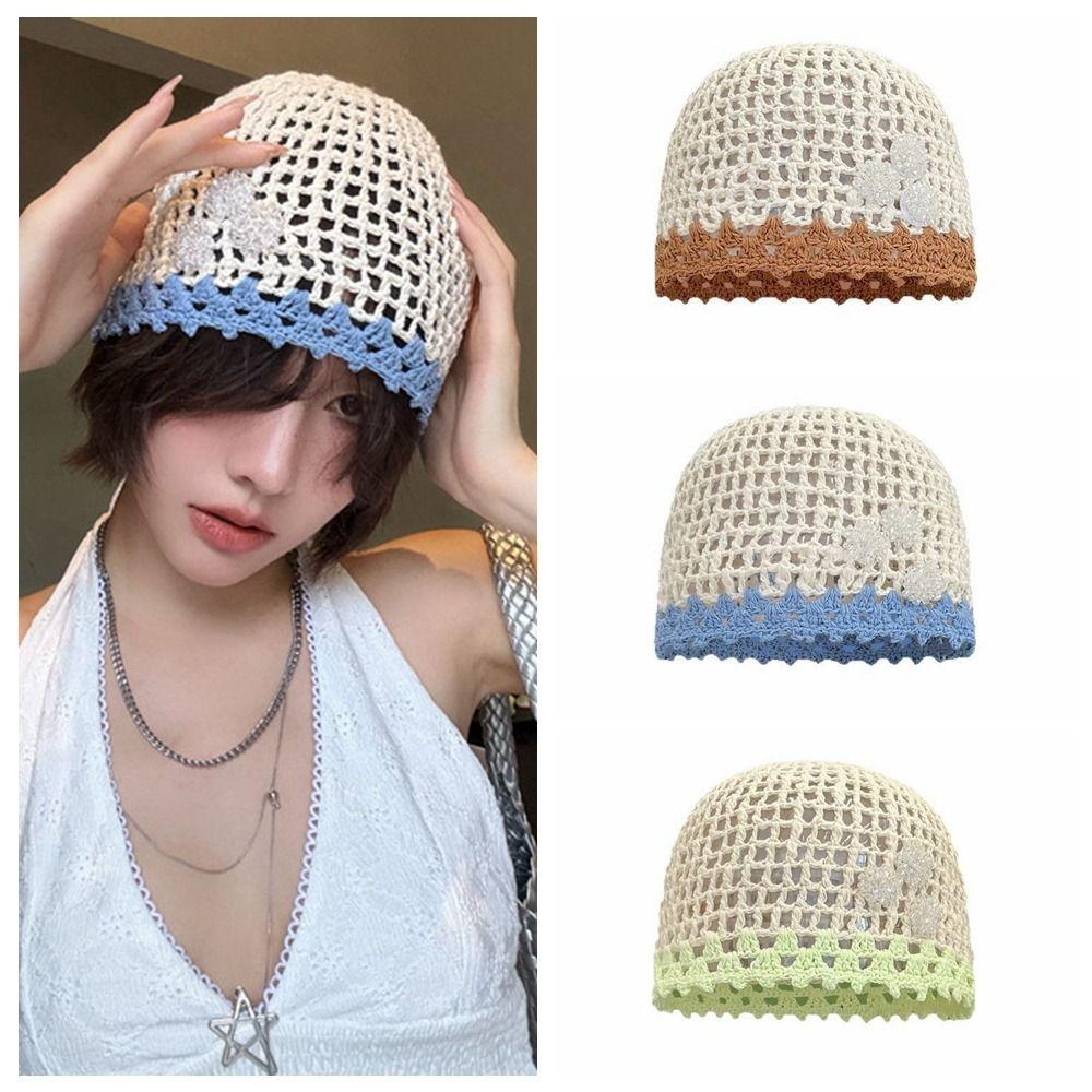 Handmade Crochet Flower Hat Thin Hollow Out Knitted Hat Cute Weave Cap  Girls