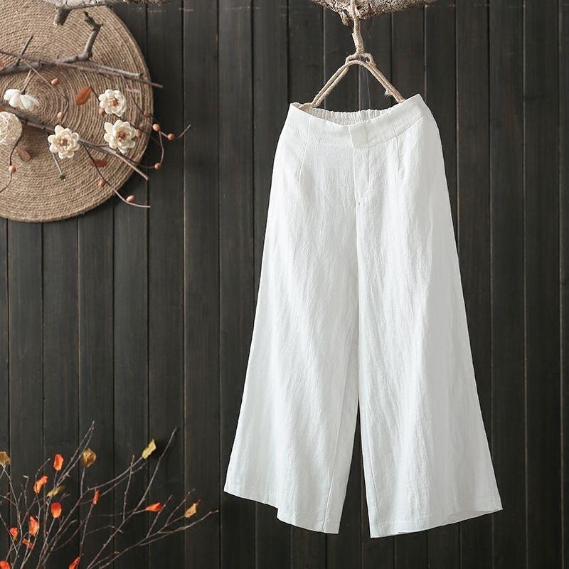 Fashion Casual Women Wide Leg Pants Elastic Waist Cotton Line Thin Loose Summer Cropped Pants Ladies High Waist Plus Size Elegant Trousers 1099