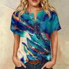 Women Short Sleeve Henley Button Neck Shirt Linen Cotton Blend Casual Chest Pocket Printed Top