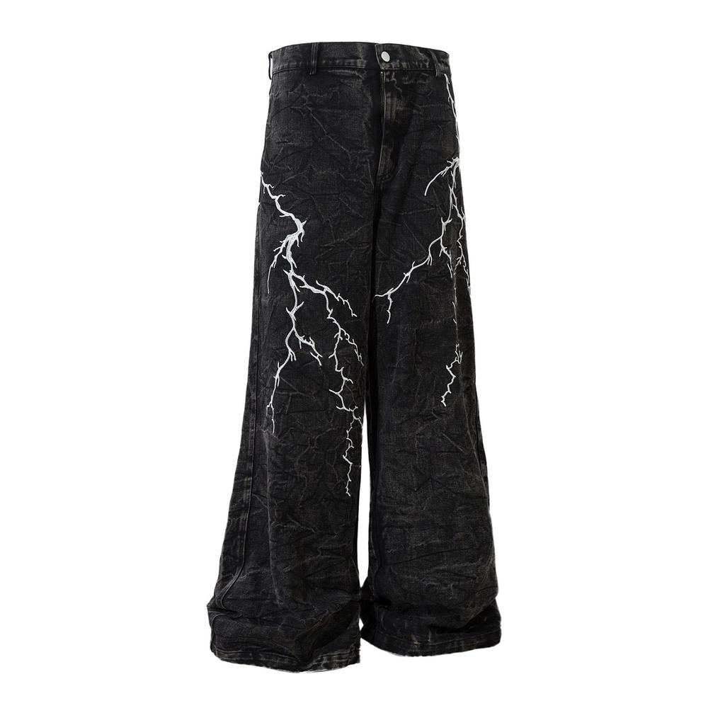 Męskie czarne jeansy American High Street: Haft Piorunem, Proste Luźne Szerokie Nogawki, Modny Rogue Street Style