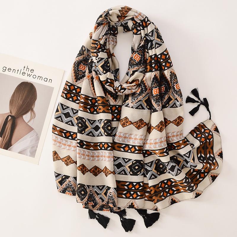 Beige Coffee Scarf Luxury Thin Womens Scarves Spring Floral Hijab Veils Soft Cotton Shawl Wrap Tassel Viscose Muslim Woman Hijab