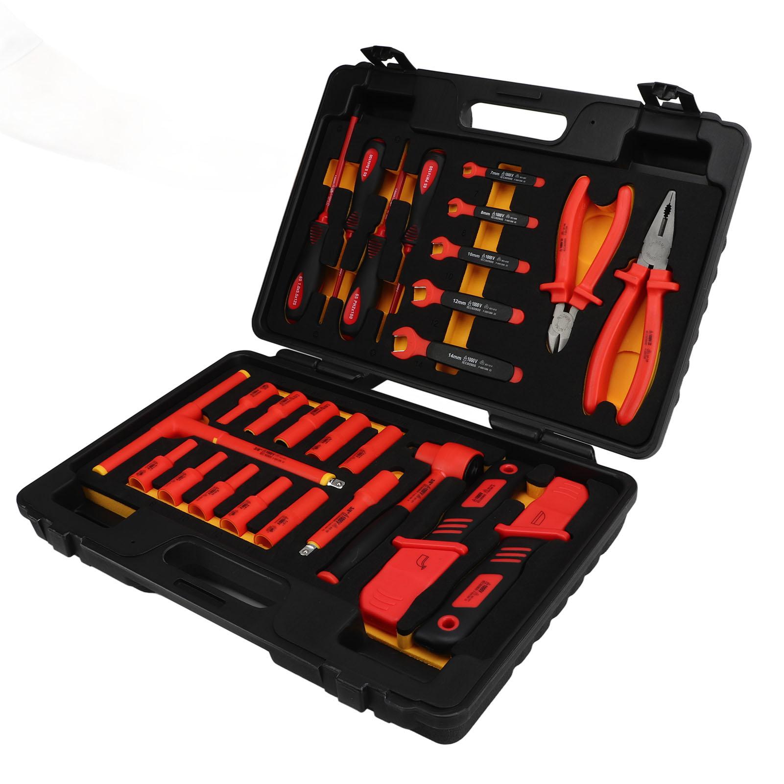 

26 Pcs 1000V Insulated Socket Ratchet Bits Set 3 8in Drive Vehicle Maintenance Tool Kit for Engine Electrical Brake