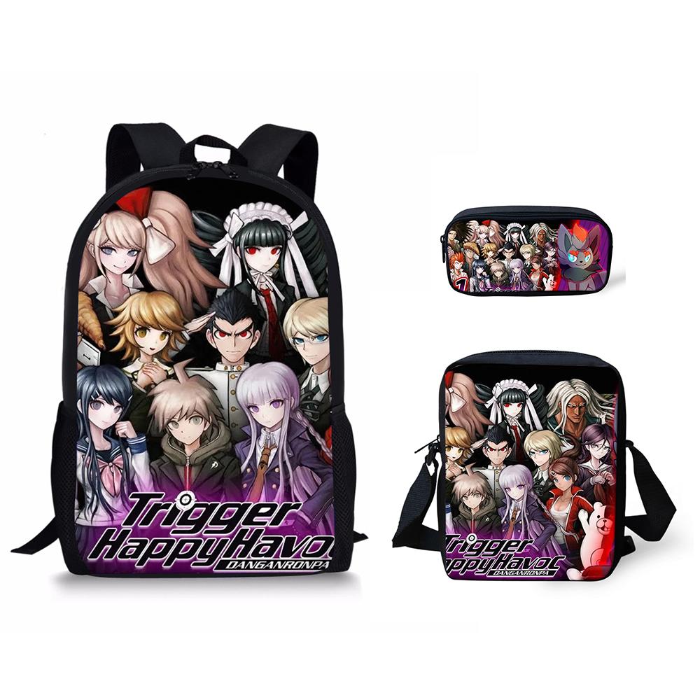 Classic Danganronpa Pattern 3D Print 3pcs/Set Pupil School Bags Laptop Daypack Backpack Inclined Shoulder Bag Pencil Case