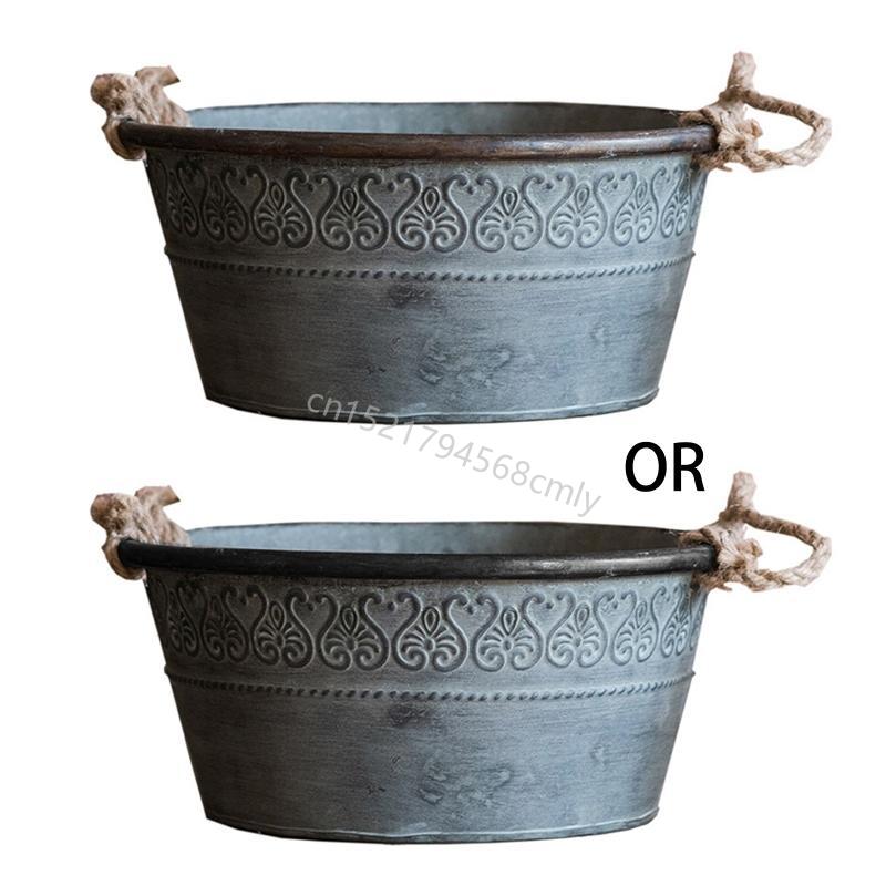 Vintage Metal Round Bucket Planter with Double Handles Rustic Iron Flower Pot Metal Tray for Storage and Farmhouse Decor 6XDE