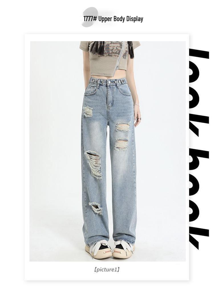 Jeans da Donna a Vita Alta Regolabili Strappati a Gamba Larga - Pantaloni Dritti Lunghi alla Moda Estate 2025