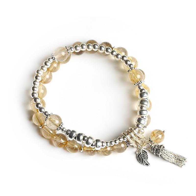 Womens Natural Rutilated Quartz Bracelet With Sterling Tassel Vintage Bohemian Layered Double Wrap Design