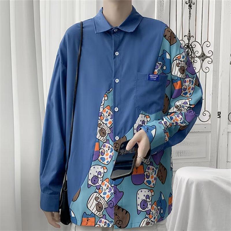 Spring and Autumn Cartoon Stitching Long-Sleeved Shirt Men's BF Loose Korean Style Couple Harajuku Style National Fashion Cardigan Jacket