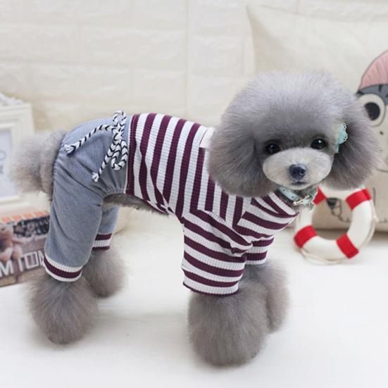 Pet Spring High Neck Striped Pattern Four-legged Pants T-shirt  Dog Cat Clothes