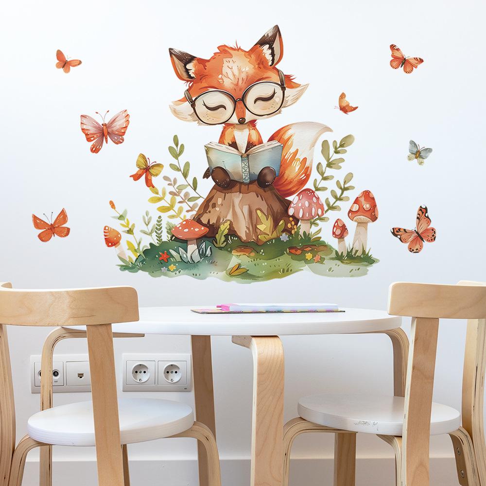 Cartoon Fox Reading Children's Room Kindergarten Wall Beautification Wall Stickers Self-adhesive