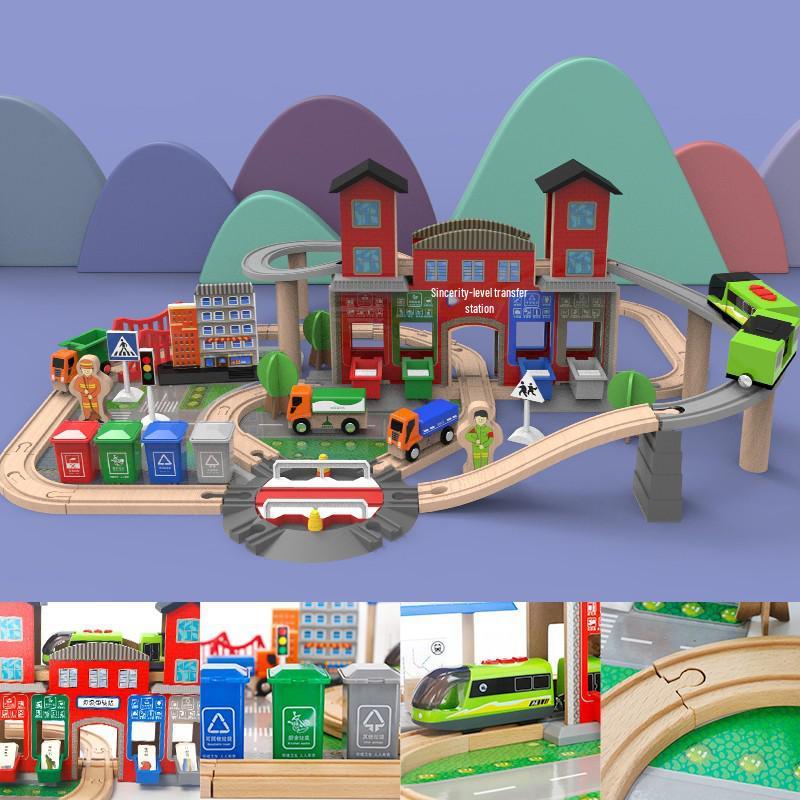 Wooden Electric Train Track & Car Building Blocks Set for Kids
